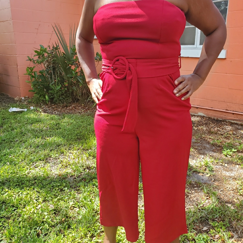 Red belted jumpsuit